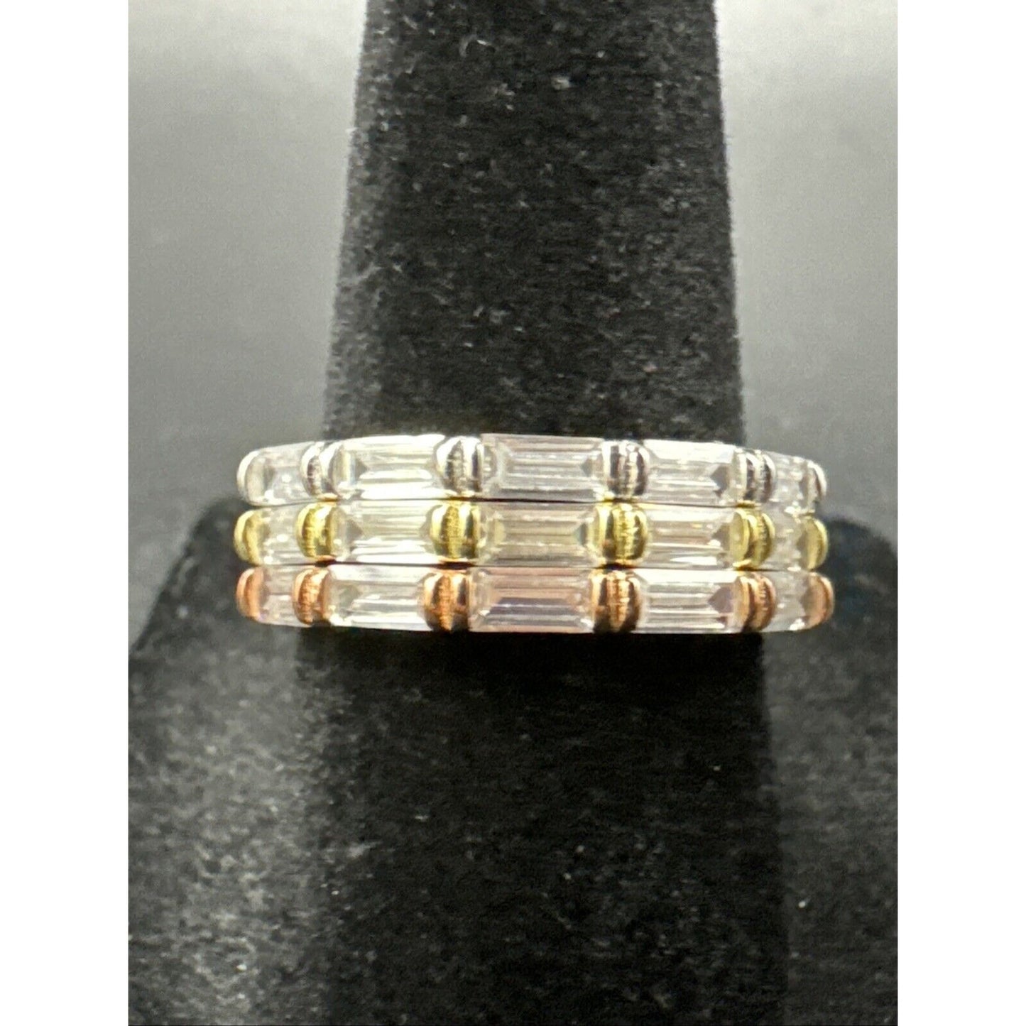 New Condition Sterling Silver Tri Tone CZ 3 Ring Stacking Set 925 Size 6.5