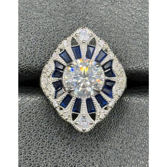 New Condition Sterling Silver Moissanite Art Deco Ring Size 7.00 GRA Q23