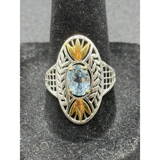 New Condition Sterling Silver Two Tone Genuine Swiss Topaz Ring Size 9 P19