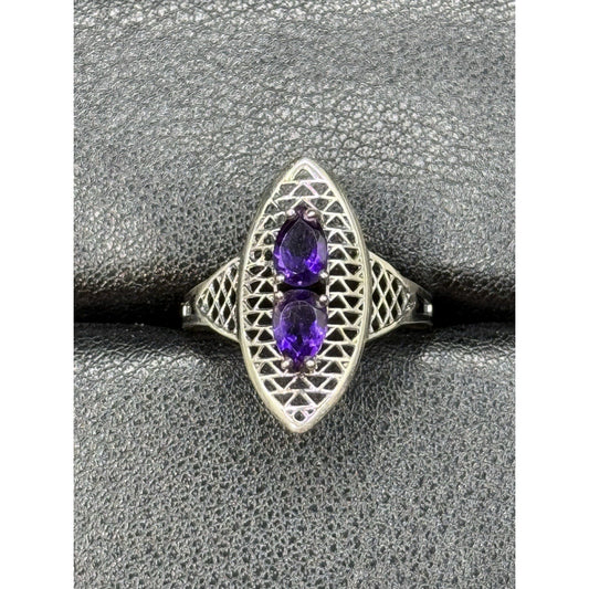EUC Sterling Silver Double Amethyst Oblong Ring Size 8.00 Q24