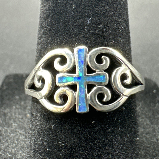 New Condition Sterling Silver Lab Black Opal Cross Scroll Ring 925 Size 7