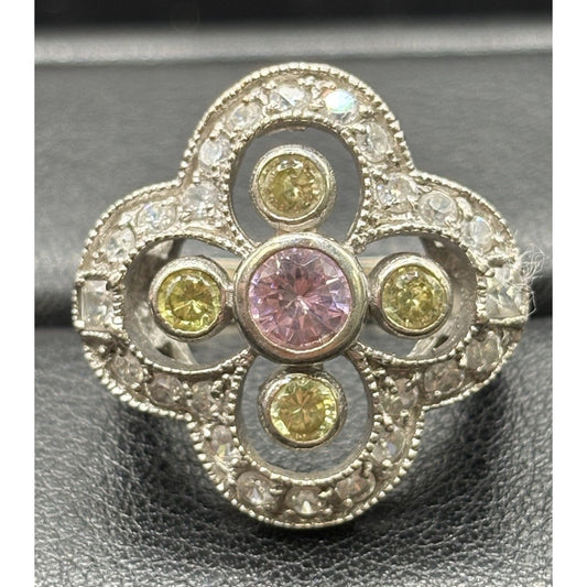 EUC Sterling Silver Multi Color Cubic Zirconia Ring Size 5.75 W29