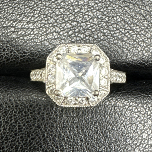 EUC Sterling Silver CZ Octagon Ring 925 Size 6 #6 P2