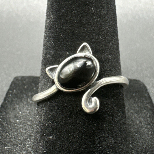New Condition Sterling Silver Onyx Kitty Cat Ring 925 Size 7