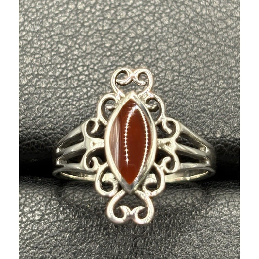 New Condition Sterling Silver Red Carnelian Scroll Ring Size 7