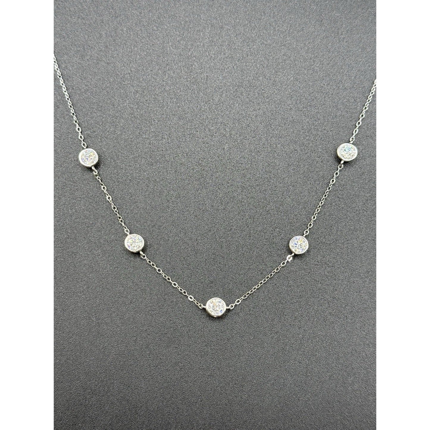 New Condition 18” Sterling Silver Moissanite Station Necklace GRA