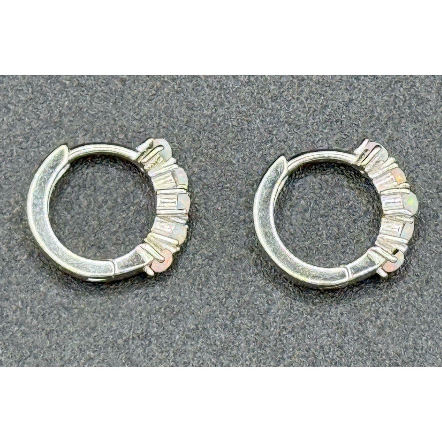 New Condition Dainty Sterling Silver Lab Opal Huggie Earrings 925