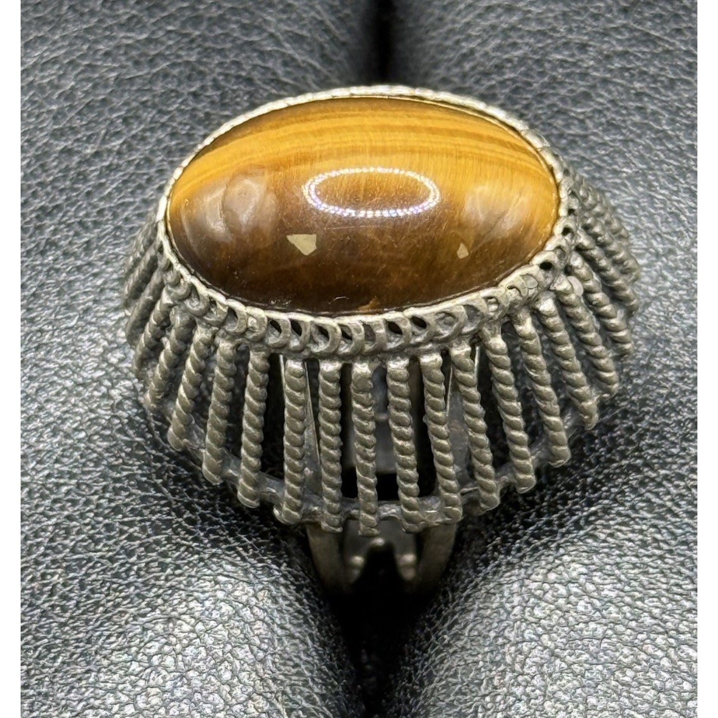 Vintage Sterling Silver Genuine Tigers Eye Ring Size 7.50 Adjustable 925 Q7