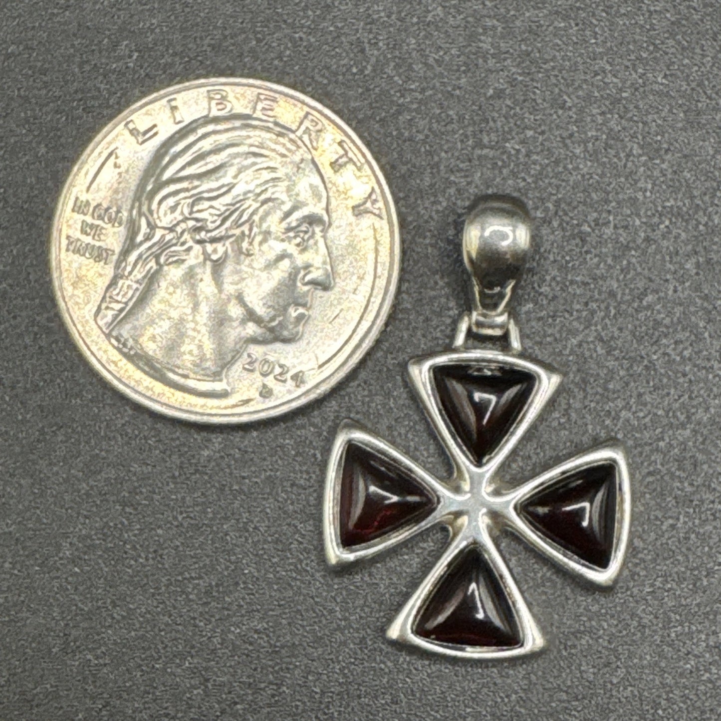 Modernist Sterling Silver Red Amber Cross Pendant 925 P2