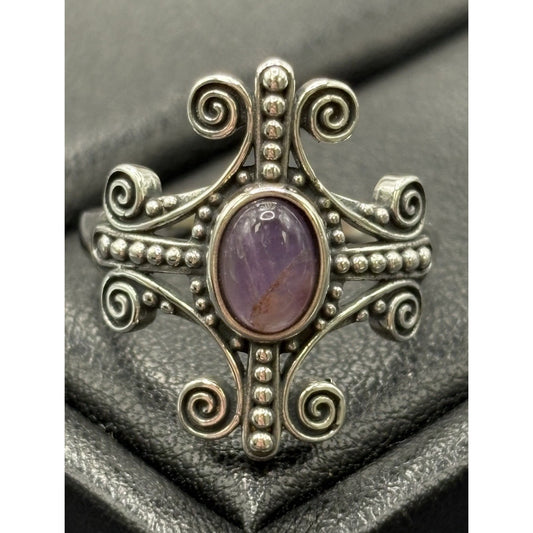 New Condition Sterling Silver Amethyst Scroll Ring Size 7