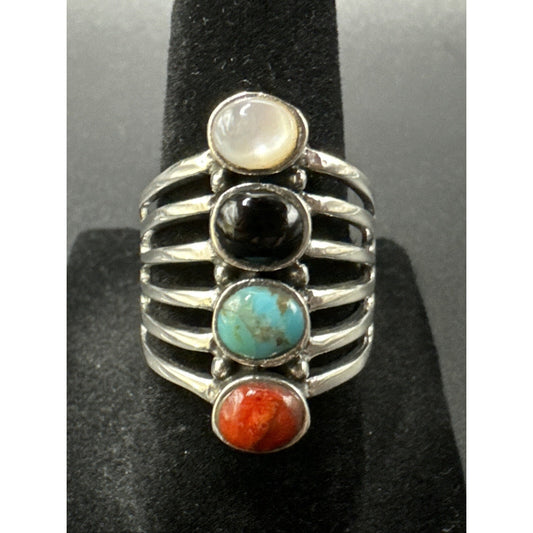 New Condition Sterling Silver Multi Gemstone Row Oblong Ring 925 Size 7.00