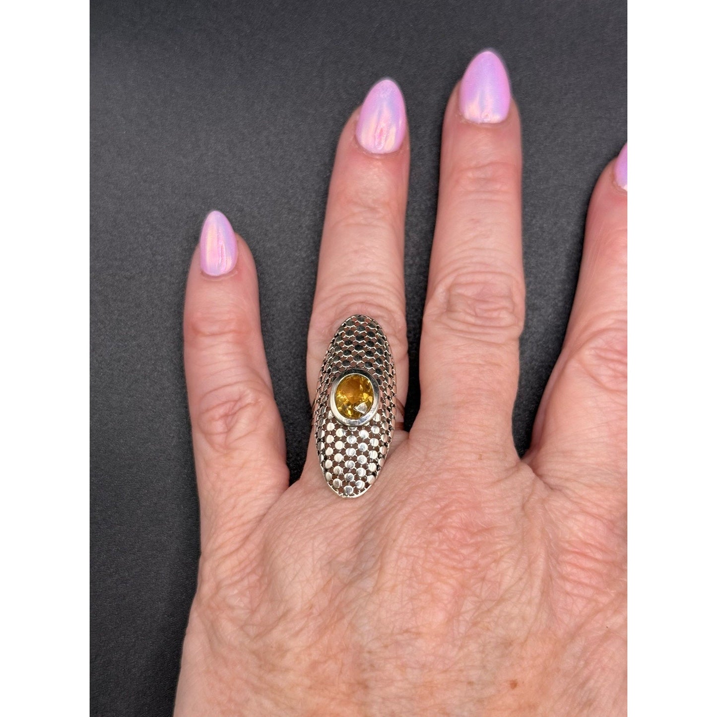 EUC Sterling Silver Genuine Citrine Open Work Ring Size 7.00 925 Q21