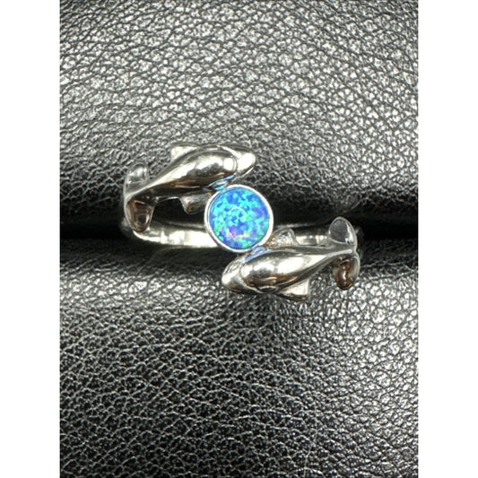 New Condition Sterling Silver Blue Opal Double Dolphin Ring 925 Size 7