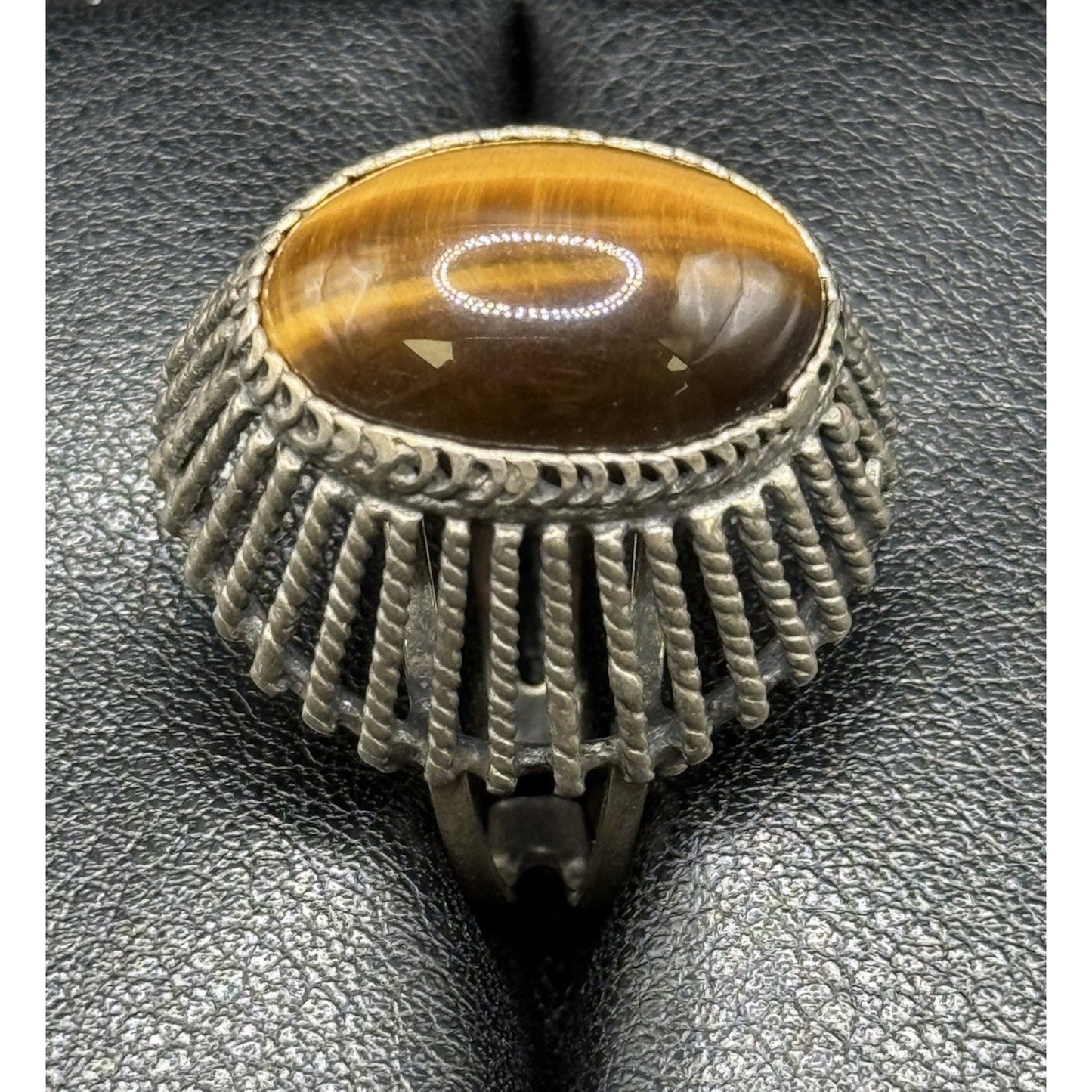 Vintage Sterling Silver Genuine Tigers Eye Ring Size 7.50 Adjustable 925 Q7