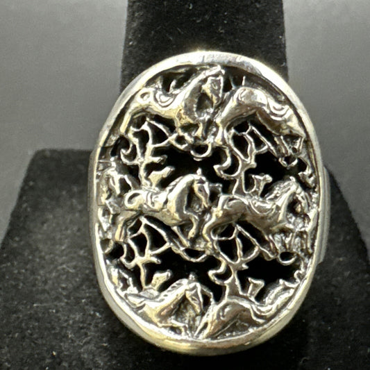 New Condition Sterling Silver Galloping Horses Ring 925 Size 11