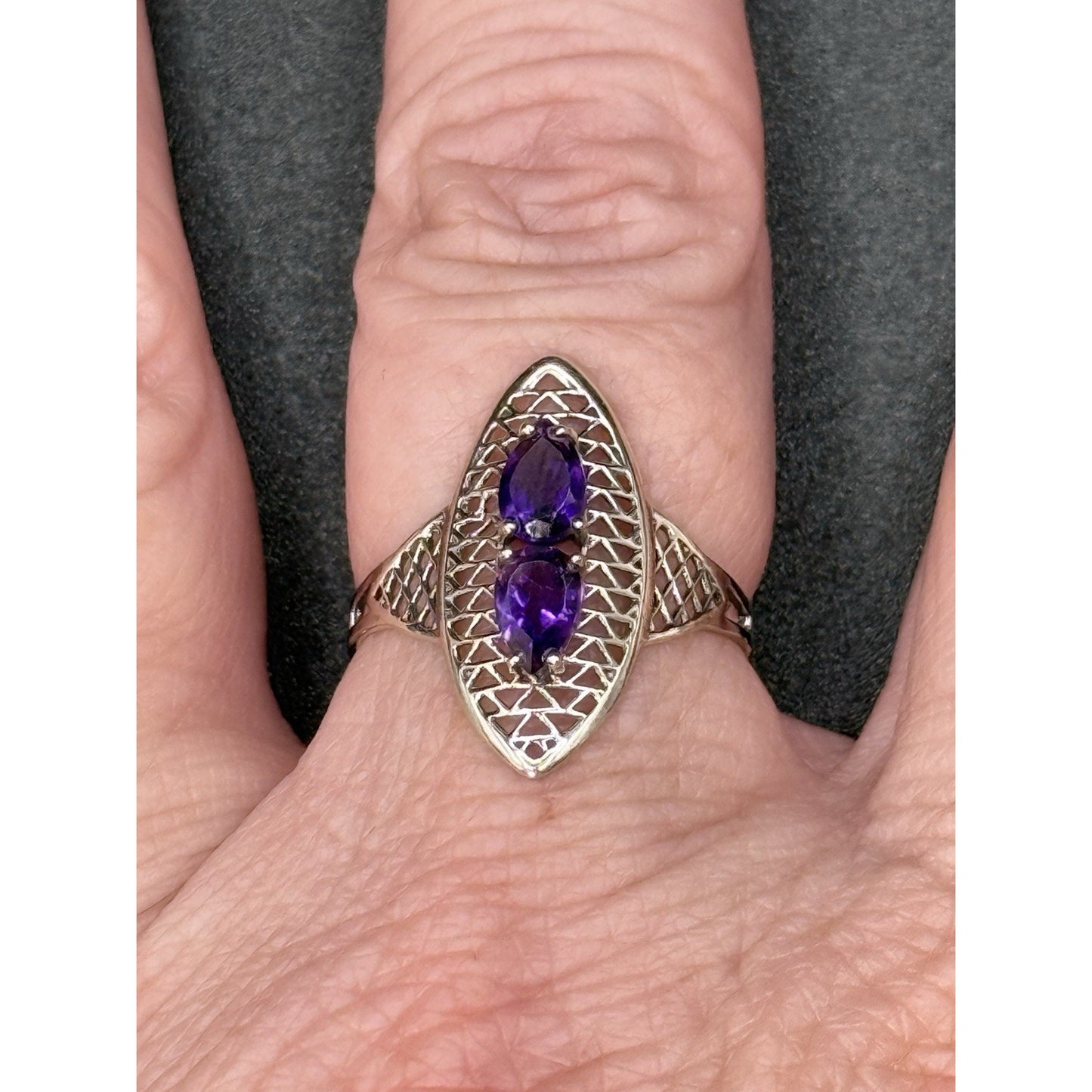 EUC Sterling Silver Double Amethyst Oblong Ring Size 8.00 Q24