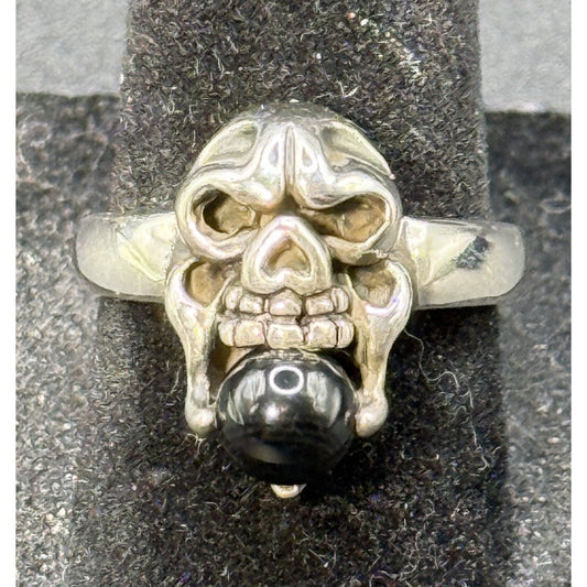 New Condition Sterling Silver Onyx Skull Ring Size 7.00