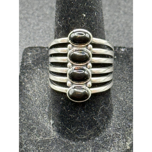 New Condition Sterling Silver 4-Stone Onyx Ring Size 6.75