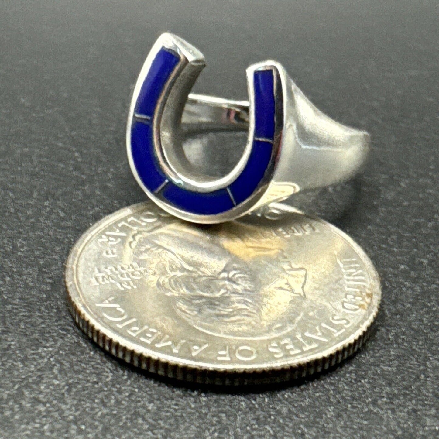 New Condition Sterling Silver Lapis Horse Shoe Good Luck Ring 925 Size 9.25