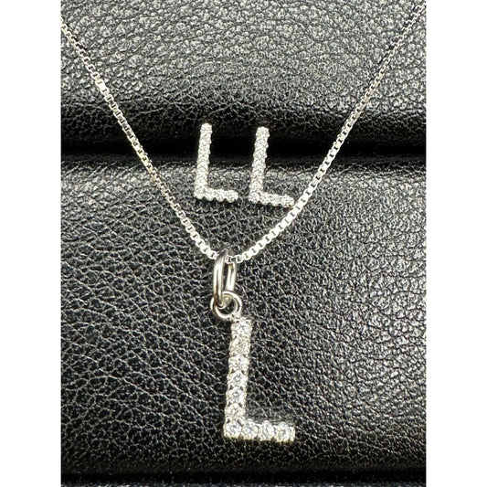 New Condition Sterling Silver CZ Dainty Letter 18” “L” Pendant Earrings Set 925