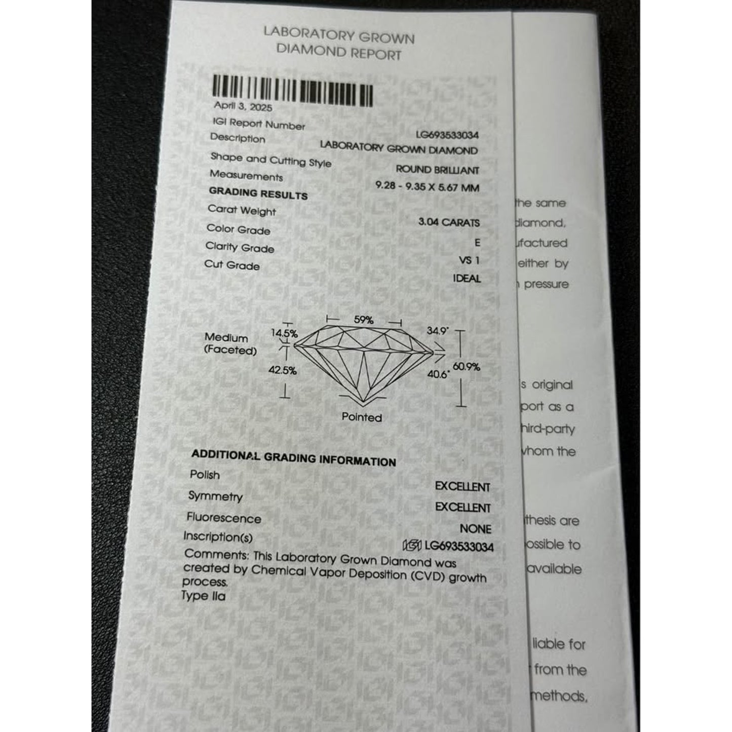 14k White Gold 3.04 Carat Round Lab Grown Diamond E Color VS1 Clarity 3.51 Total Weight