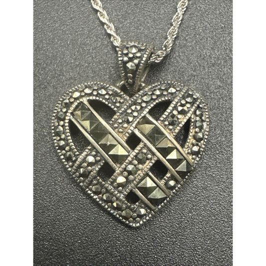 18” Ross Simmons Sterling Silver Marcasite Lattice Heart Pendant Necklace 925 R9