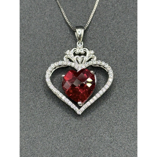 New Sterling Silver Lab Created Ruby White Sapphire Heart Pendant Necklace