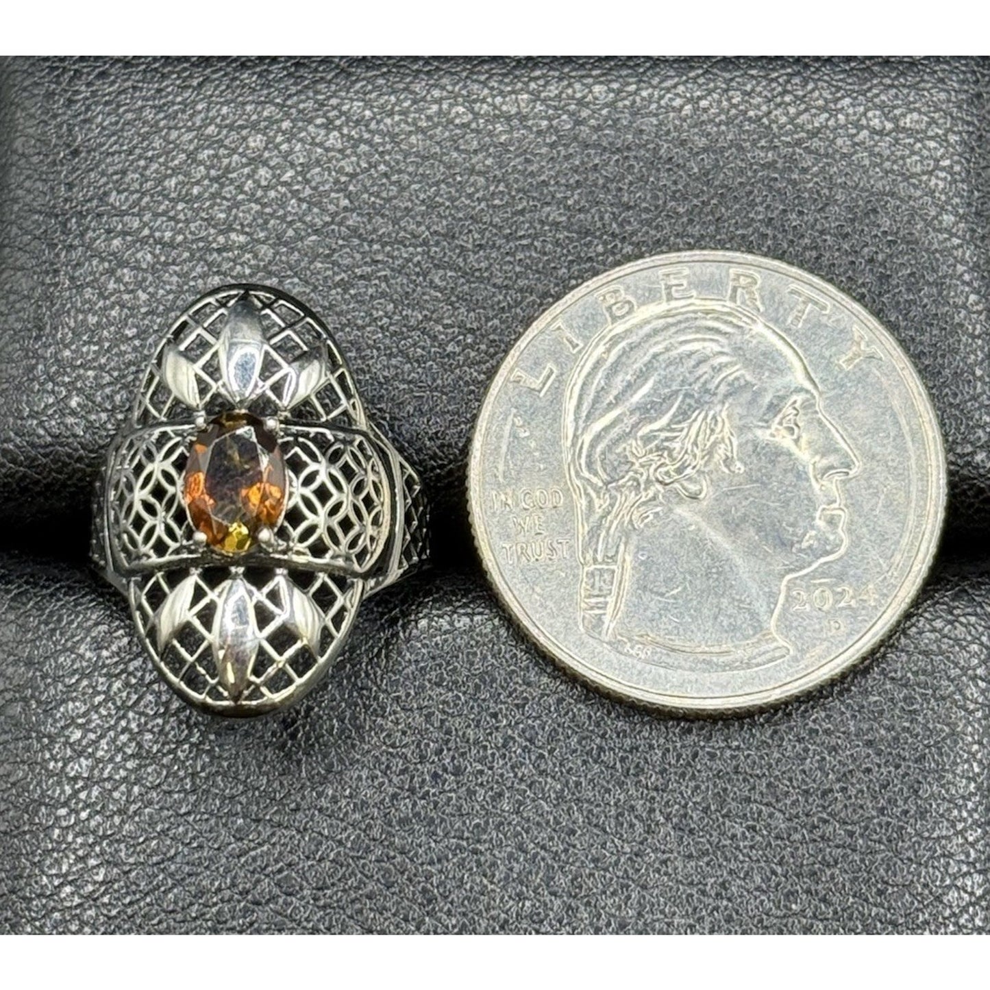 New Condition Sterling Silver Genuine Golden Tourmaline Ring Size 7.00 Filigree
