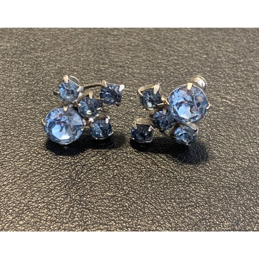 Sterling Silver Blue Rhinestone Screw Back Earrings M2
