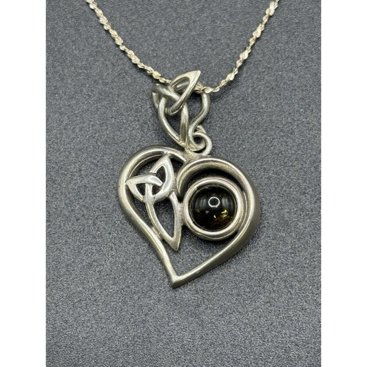 19” Vintage Sterling Silver Amber Pendant Necklace 925 P10