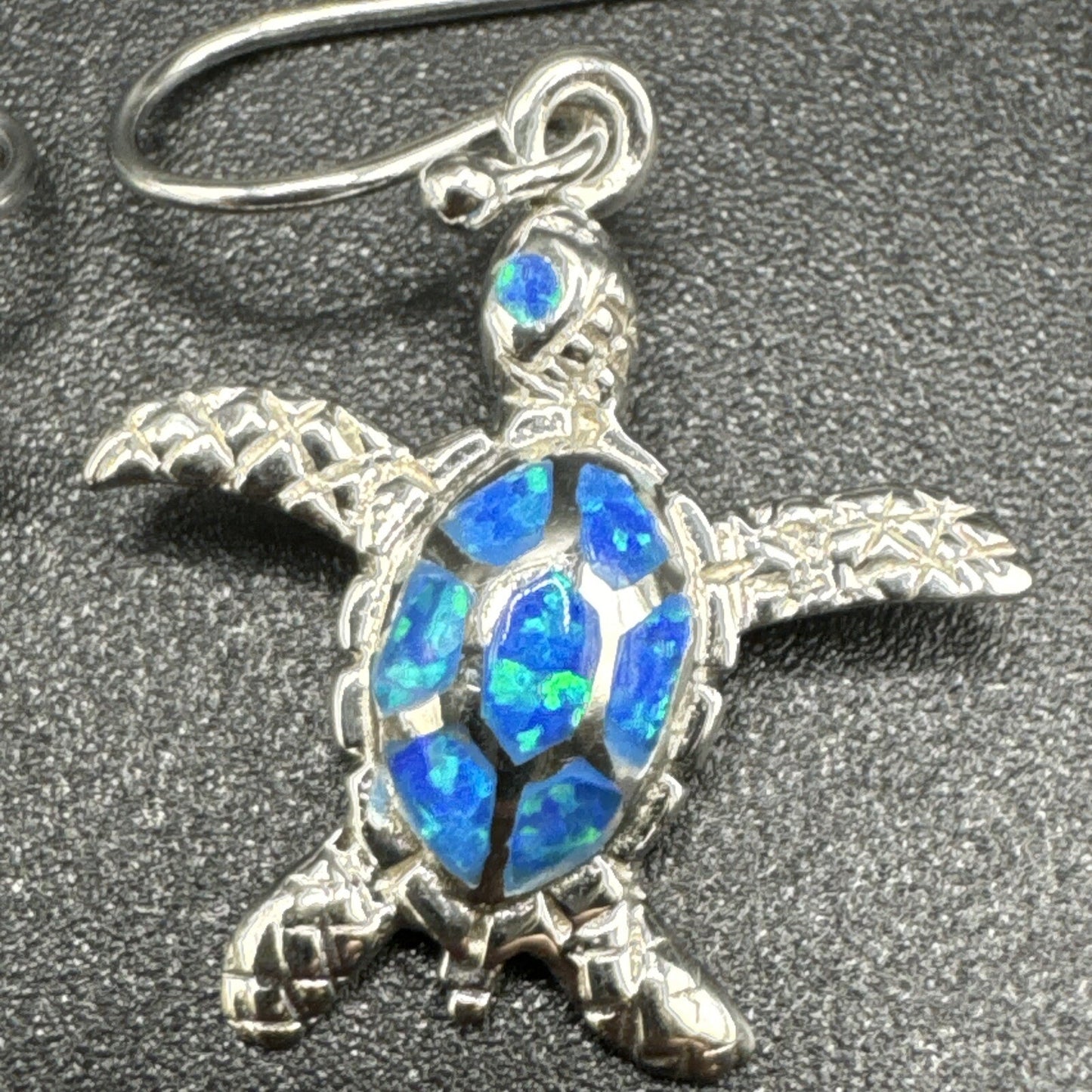 New Condition Sterling Silver Lab Blue Opal Sea Turtle Dangle Earrings 925