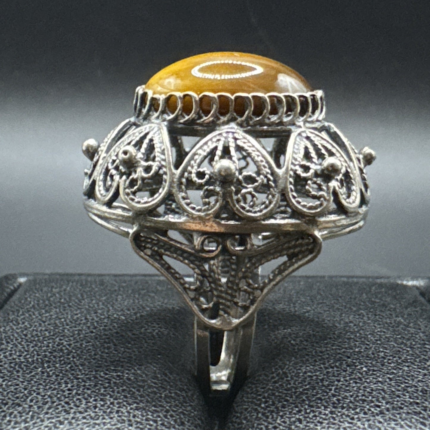 Vintage Sterling Silver Tigers Eye Dome Ring 915 Size Adjustable Q28