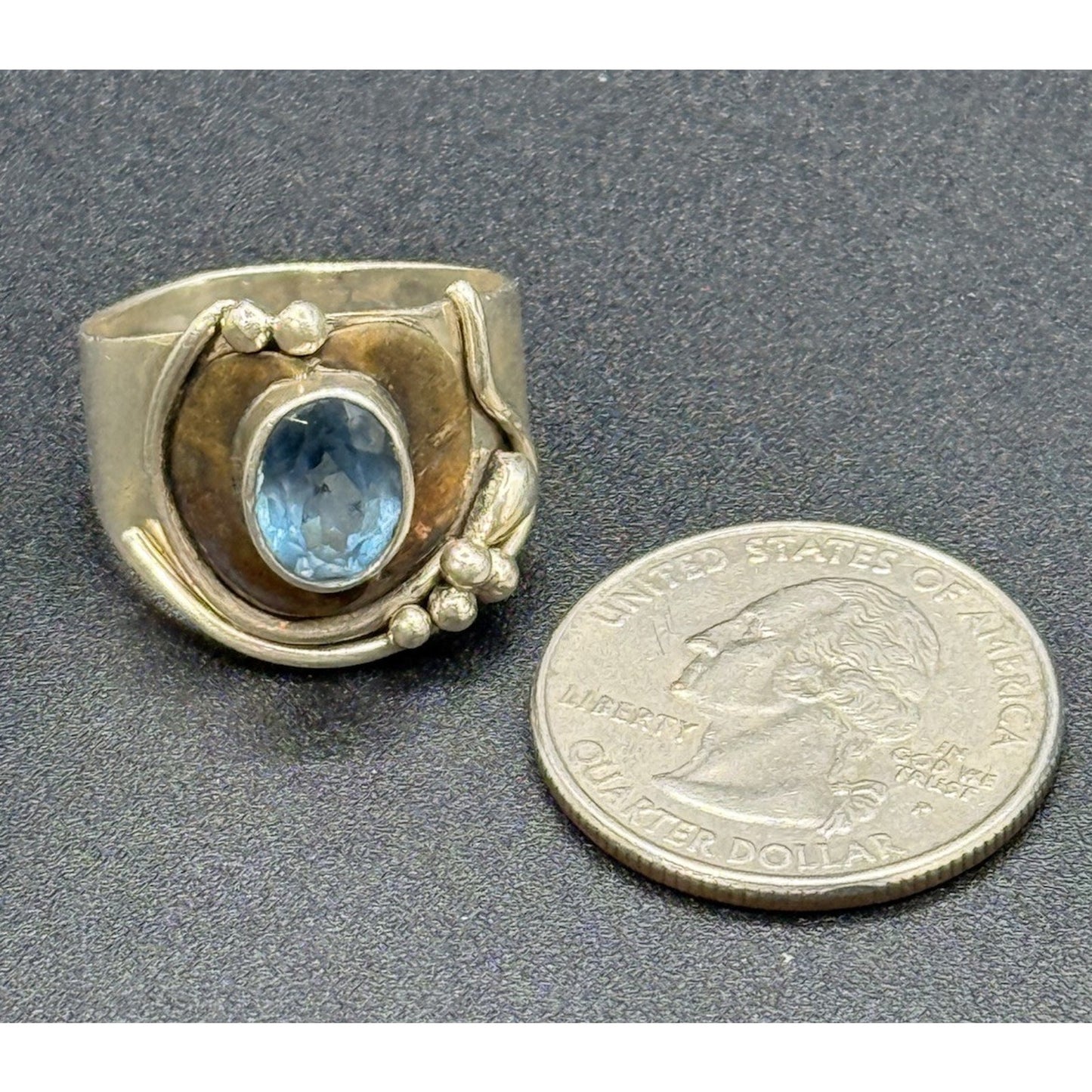 Modernist Sterling Silver Genuine Topaz Brass Accent Ring Size 8.25 Q23