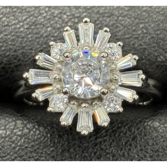 New Condition Starburst Sterling Silver Cubic Zirconia Starburst Ring Size 7