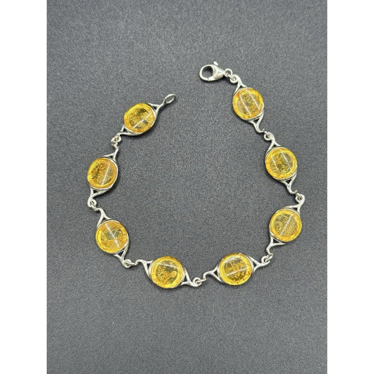 7.5” Sterling Silver Modernist Yellow Amber Con Bracelet 925 Q17