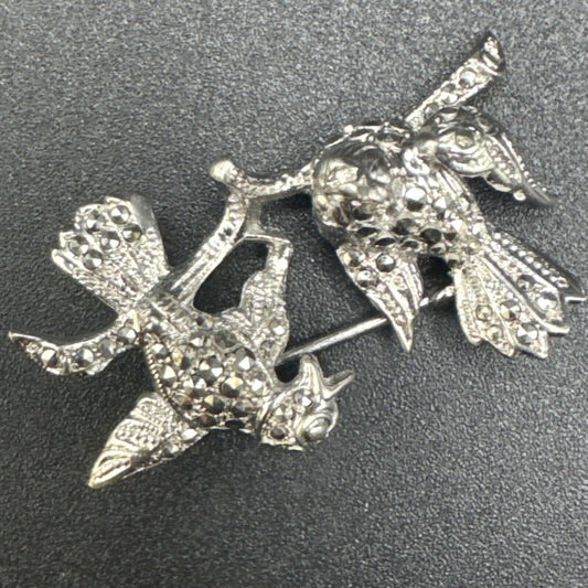 Metasco Germany Sterling Silver Marcasite Twin Birds Brooch Pin 925 N1