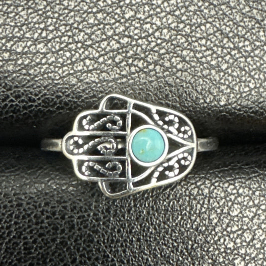 New Condition Sterling Silver Genuine Turquoise Hamsa Ring Size 7