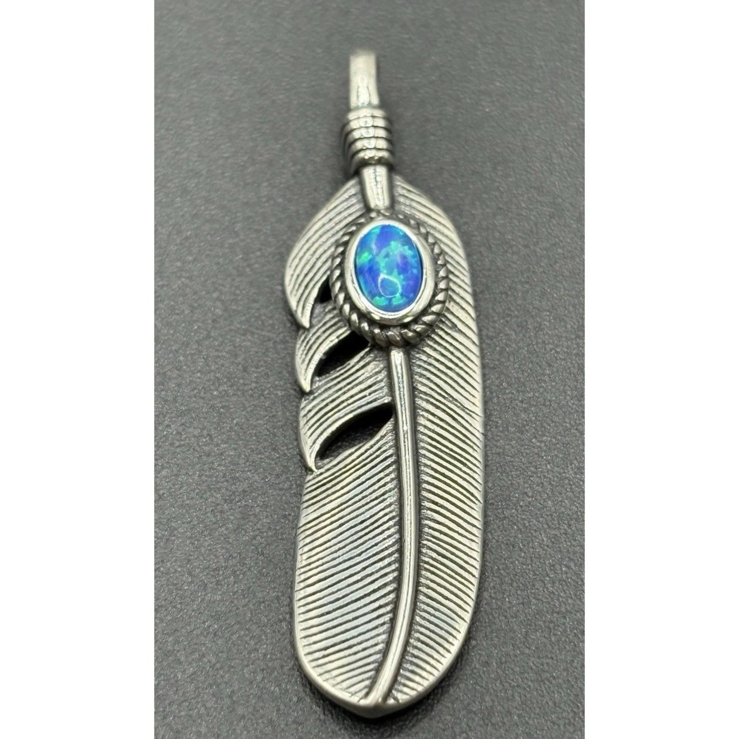 New Condition Sterling Silver Lab Blue Opal Feather Pendant 925 Free Shipping