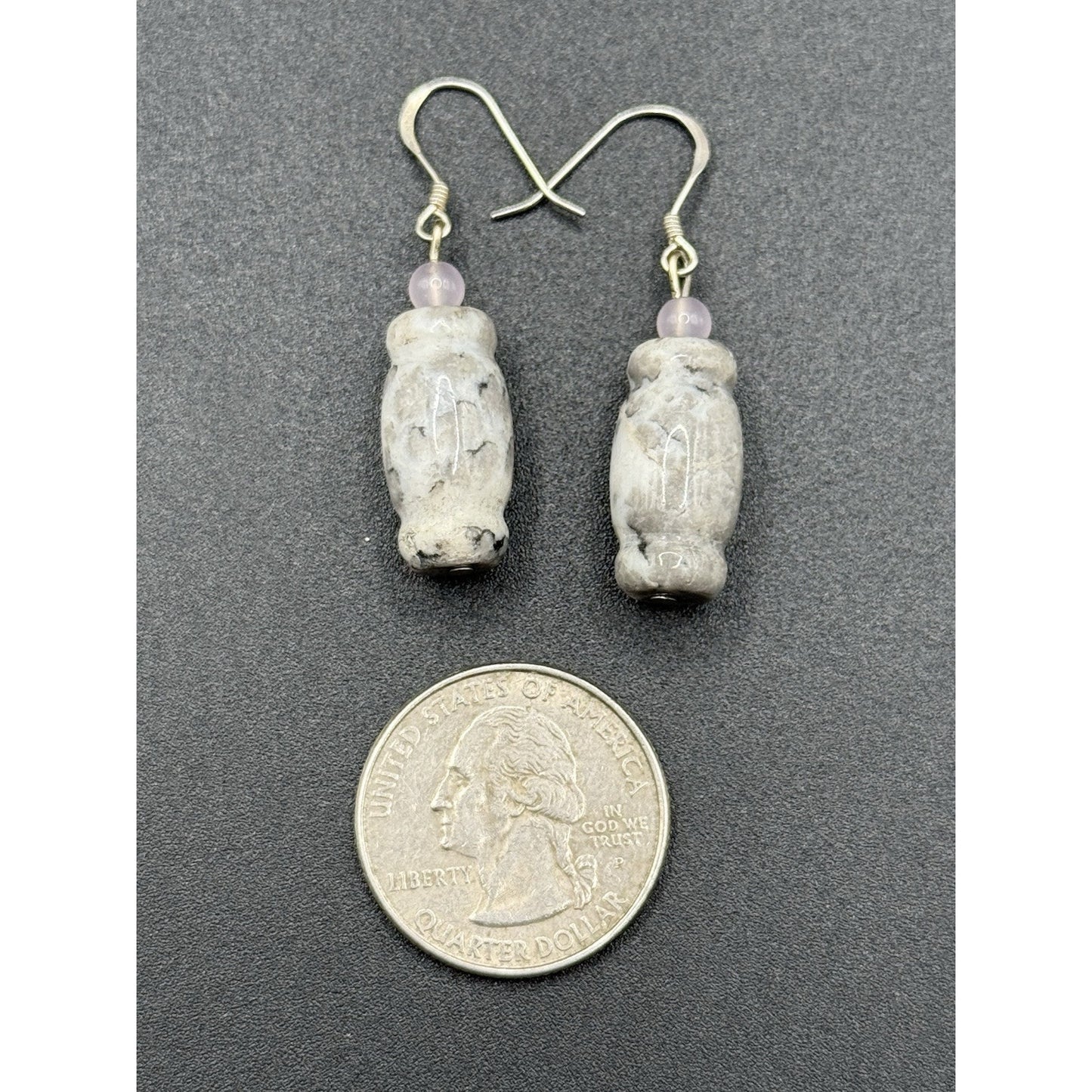 Vintage Sterling Silver Pink Quartz Stone Dangle Earrings N19