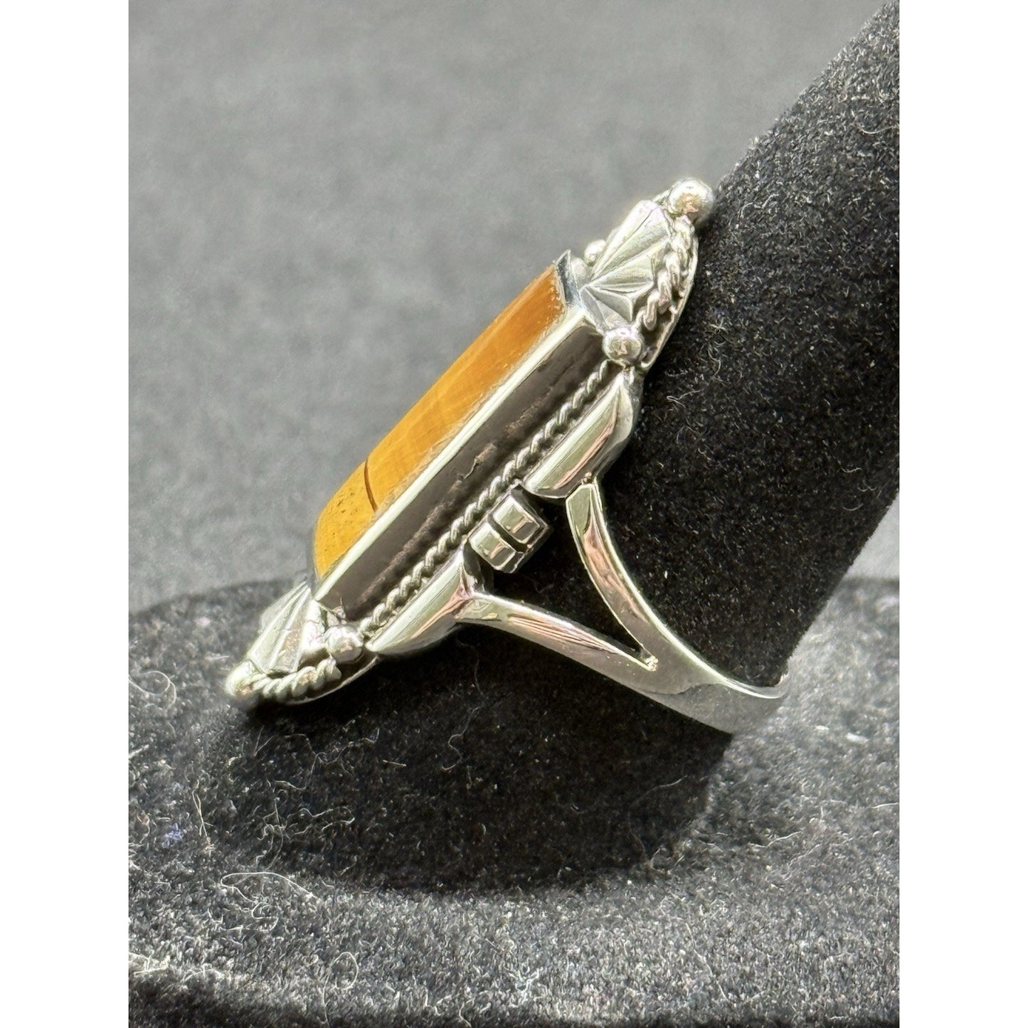 New Condition Sterling Silver Art Deco Tigers Eye Ring Size 6.75