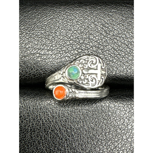 New Condition Sterling Silver Coral Turquoise Bypass Ring Cross 925 Size 7
