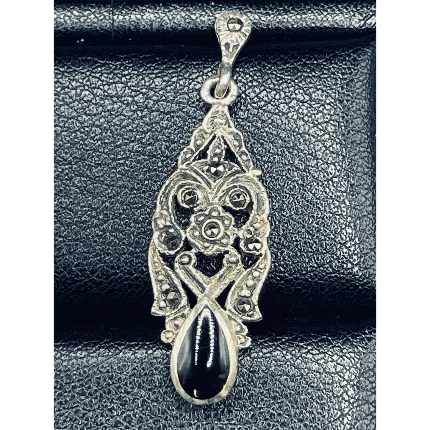 Vintage Sterling Silver Marcasite Black Enamel 925 Scroll Dangle Earrings L16