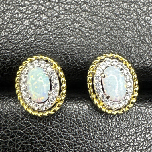 New Condition Sterling Silver 14k Gold Plated Lab Opal Earrings 925