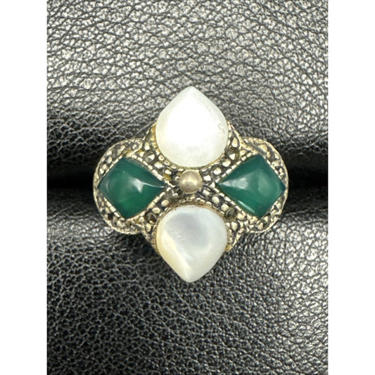 Sterling Silver Green Onyx Mother Pearl Marcasite Ring Size 7 U11