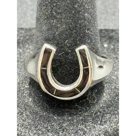 New Condition Sterling Silver Horseshoe Onyx Ring Size 12.00