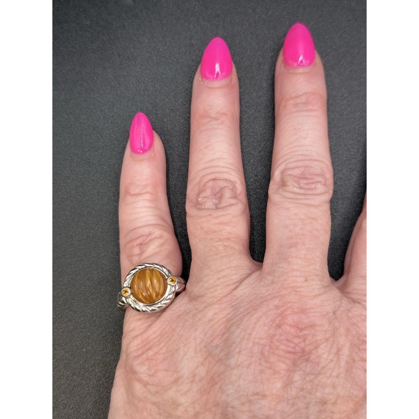 Judith Ripka Sterling Silver Citrine Carved Gem Ring Size 5.00 Q15