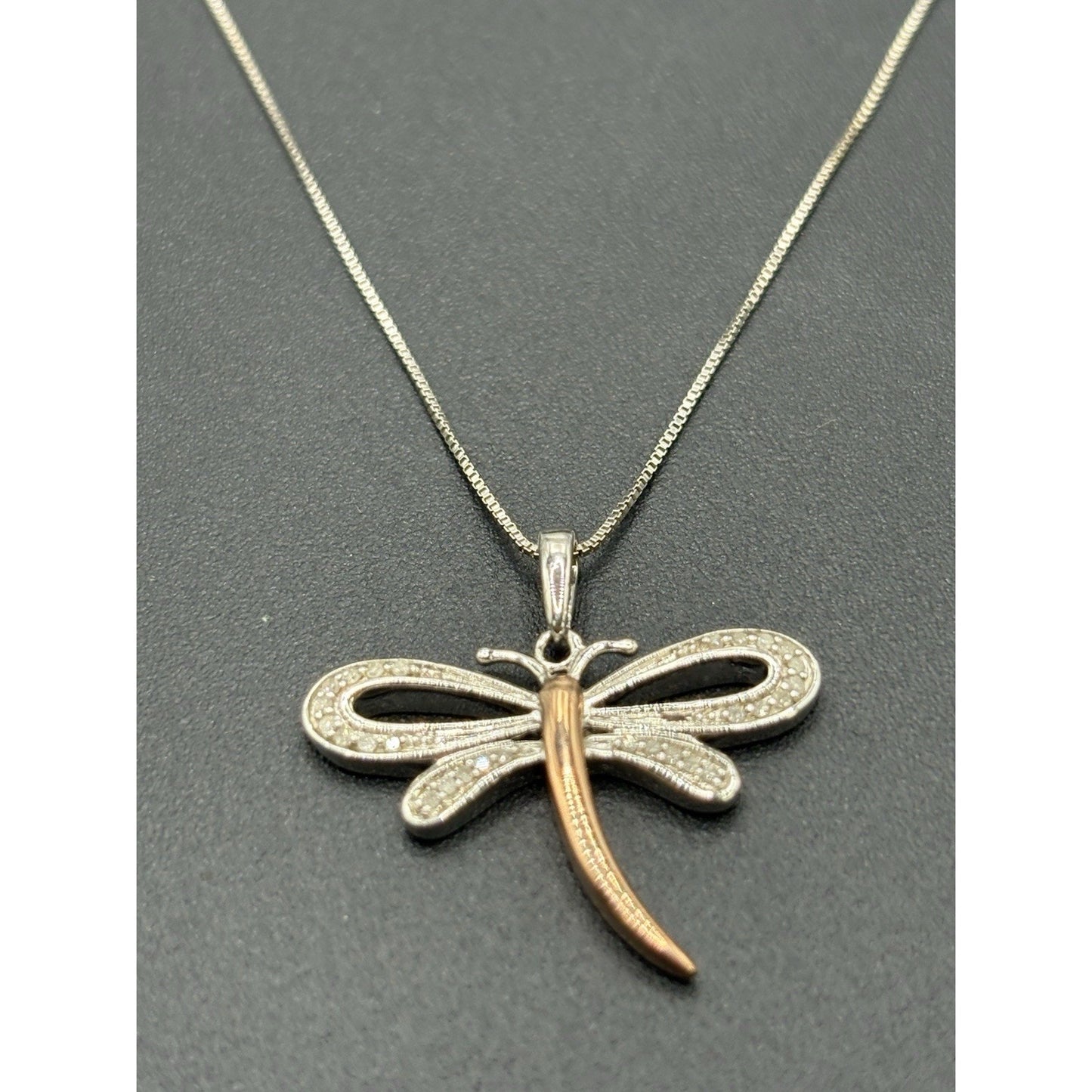 18" NewCondition SterlingSilver Rose Accent 1/10th Diamond Dragonfly Necklace