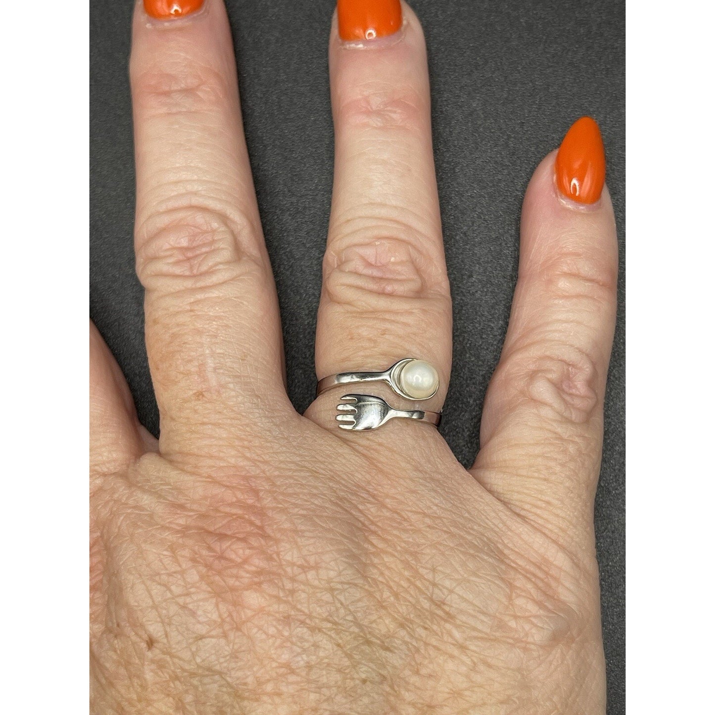 New Condition Sterling Silver Genuine Pearl Fork Spoon Ring Size 7.00