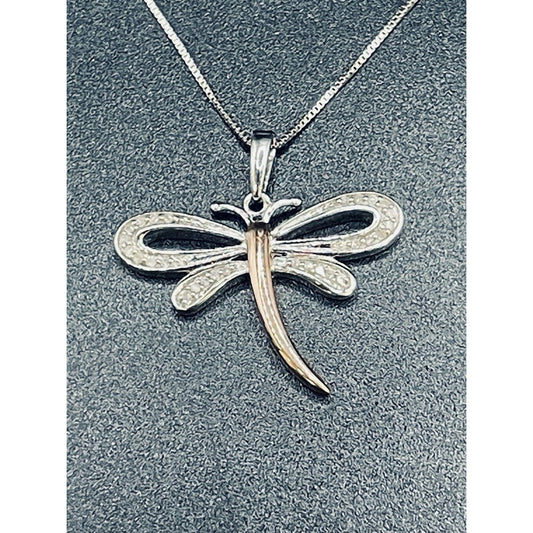18” New Condition Sterling Silver Rose Accent Genuine 1/10th Diamond Dragonfly