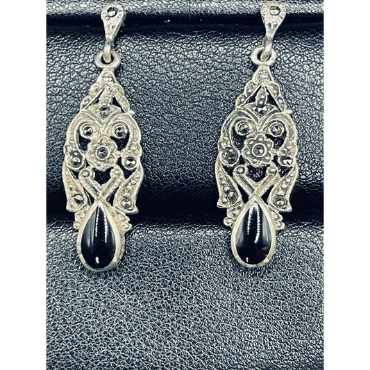 Vintage Sterling Silver Marcasite Black Enamel 925 Scroll Dangle Earrings L16